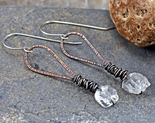 Raw Quartz Crystal Earrings, Rough Stone Mixed Metal Dangles, Rustic Copper Gemstone Jewelry, Sterling Silver Ear Wires