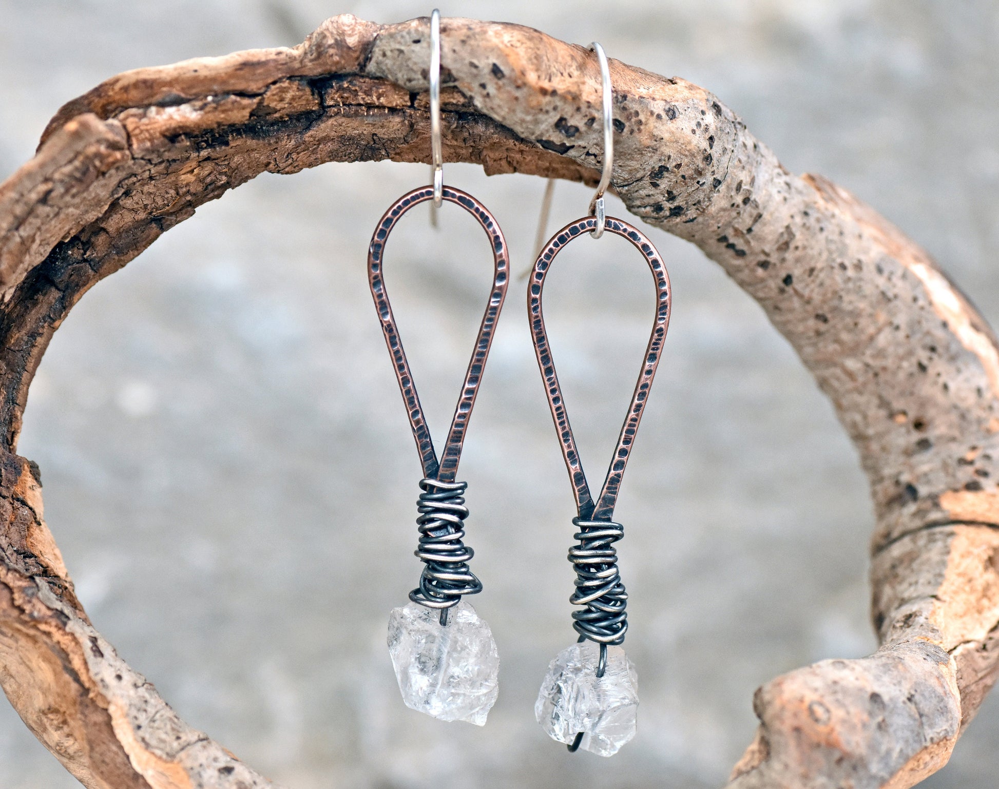 Raw Quartz Crystal Earrings, Rough Stone Mixed Metal Dangles, Rustic Copper Gemstone Jewelry, Sterling Silver Ear Wires