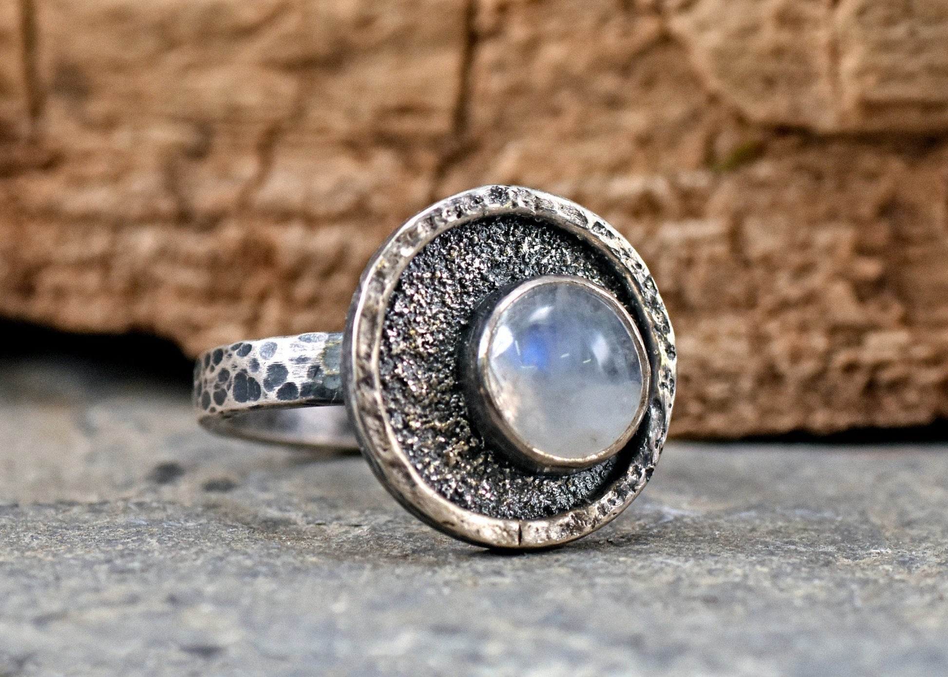 Rainbow Moonstone Ring Size 6, Organic Sterling Silver Jewelry Handmade, Unique Rustic Artisan Gemstone