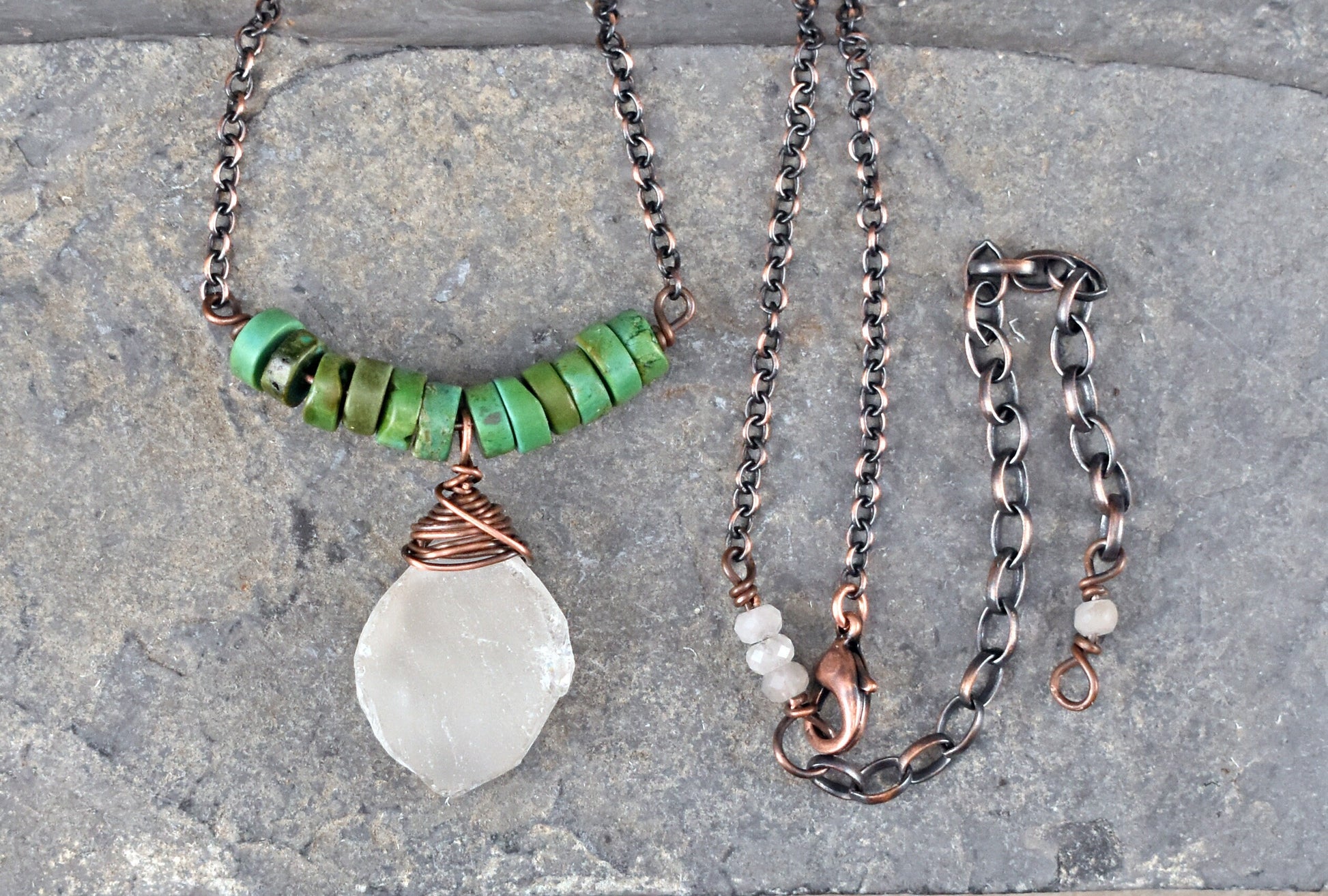 Raw Quartz Teardrop Necklace, Rustic Copper Green Turquoise Pendant, Natural Rough Stone Jewelry Handmade
