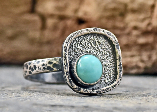 Turquoise Sterling Silver Ring Size 8.5, Artisan Silversmith Jewelry Handmade, Organic Unique Rustic Blue Gemstone