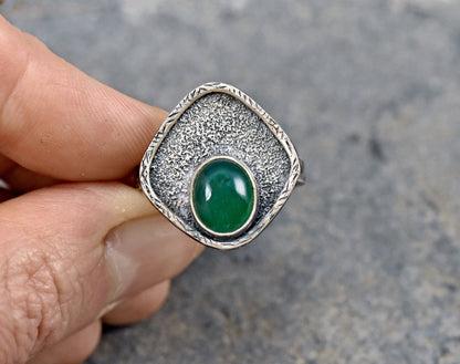 Green Onyx Sterling Silver Ring, Size 10, Rustic Silversmith Jewelry, Artisan Handmade, Unique Gemstone