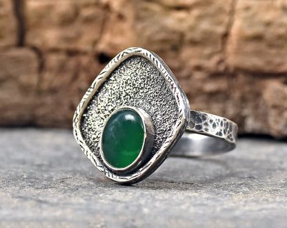 Green Onyx Sterling Silver Ring, Size 10, Rustic Silversmith Jewelry, Artisan Handmade, Unique Gemstone
