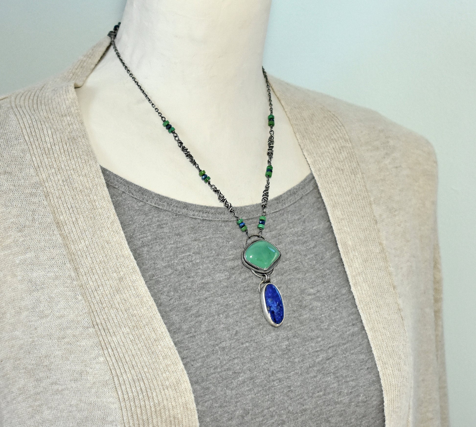 Turquoise Lapis Lazuli Necklace, Oxidized Sterling Silver Pendant, Organic Rustic Silversmith Boho Style Jewelry, Blue Green Gemstone
