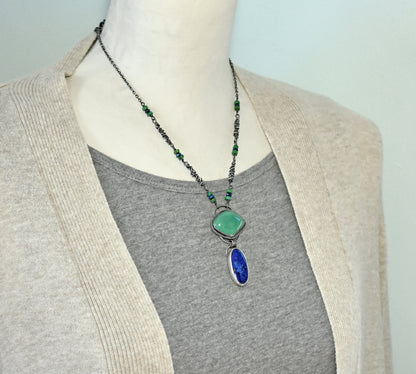 Turquoise Lapis Lazuli Necklace, Oxidized Sterling Silver Pendant, Organic Rustic Silversmith Boho Style Jewelry, Blue Green Gemstone