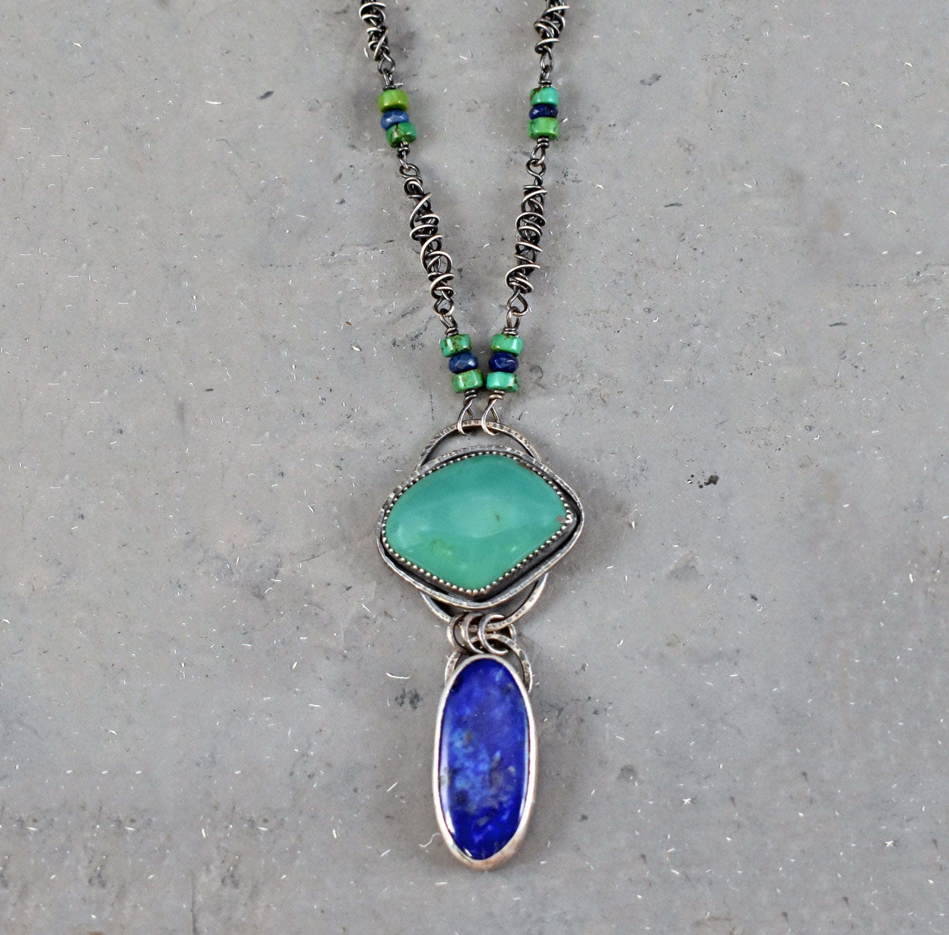 Turquoise Lapis Lazuli Necklace, Oxidized Sterling Silver Pendant, Organic Rustic Silversmith Boho Style Jewelry, Blue Green Gemstone