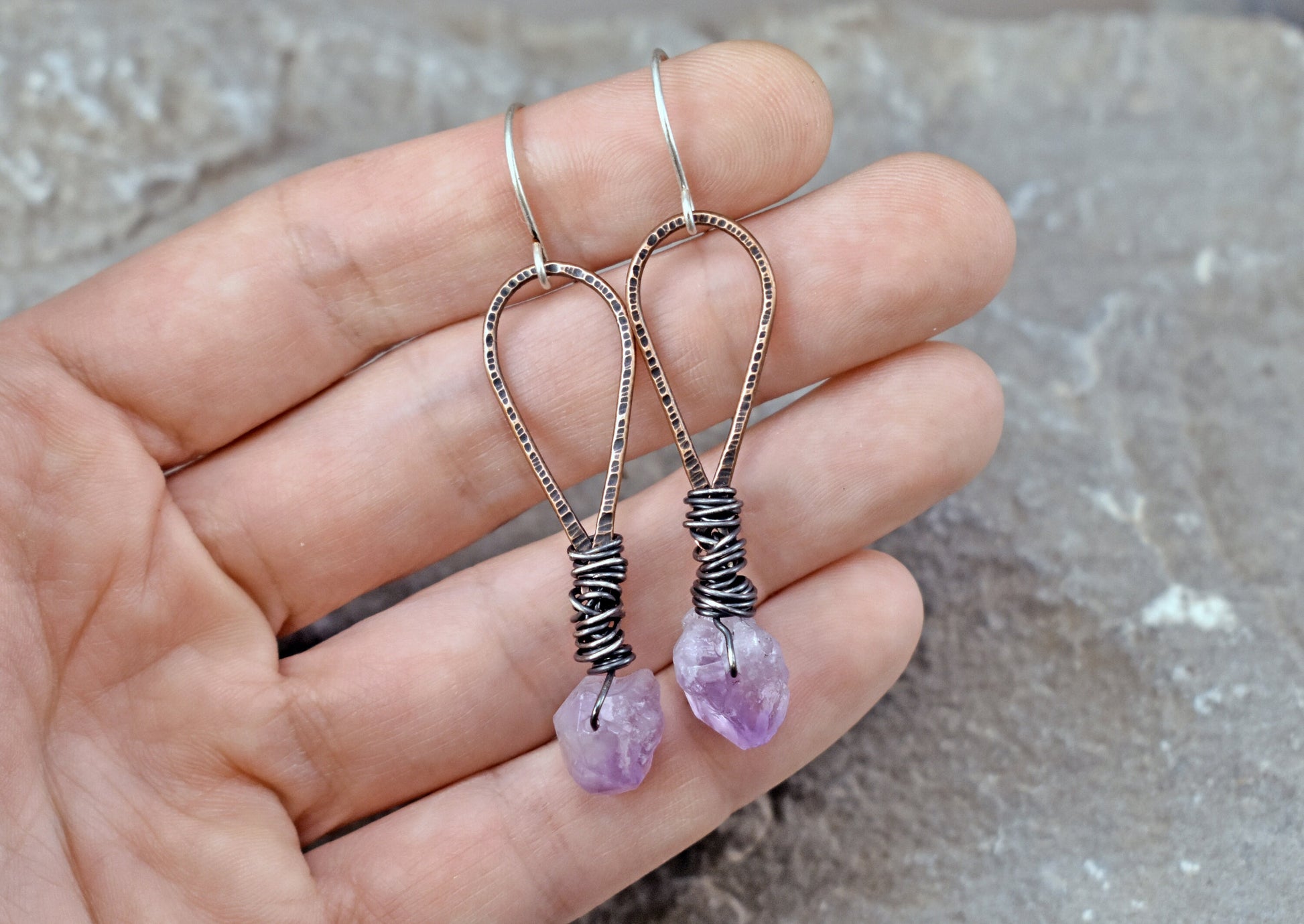 Raw Amethyst Mixed Metal Earrings, Rough Gemstone Jewelry, Rustic Copper Wire Dangles, Sterling Silver Ear Wires