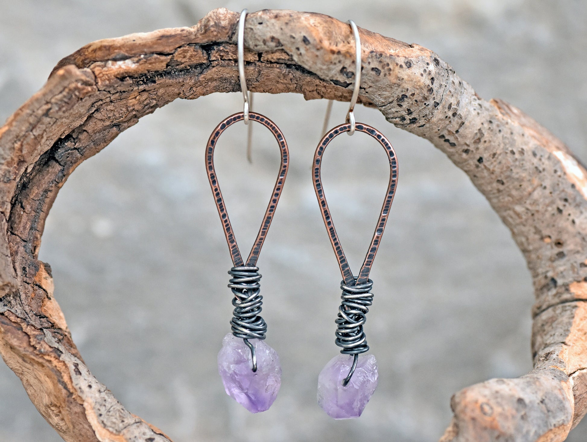 Raw Amethyst Mixed Metal Earrings, Rough Gemstone Jewelry, Rustic Copper Wire Dangles, Sterling Silver Ear Wires