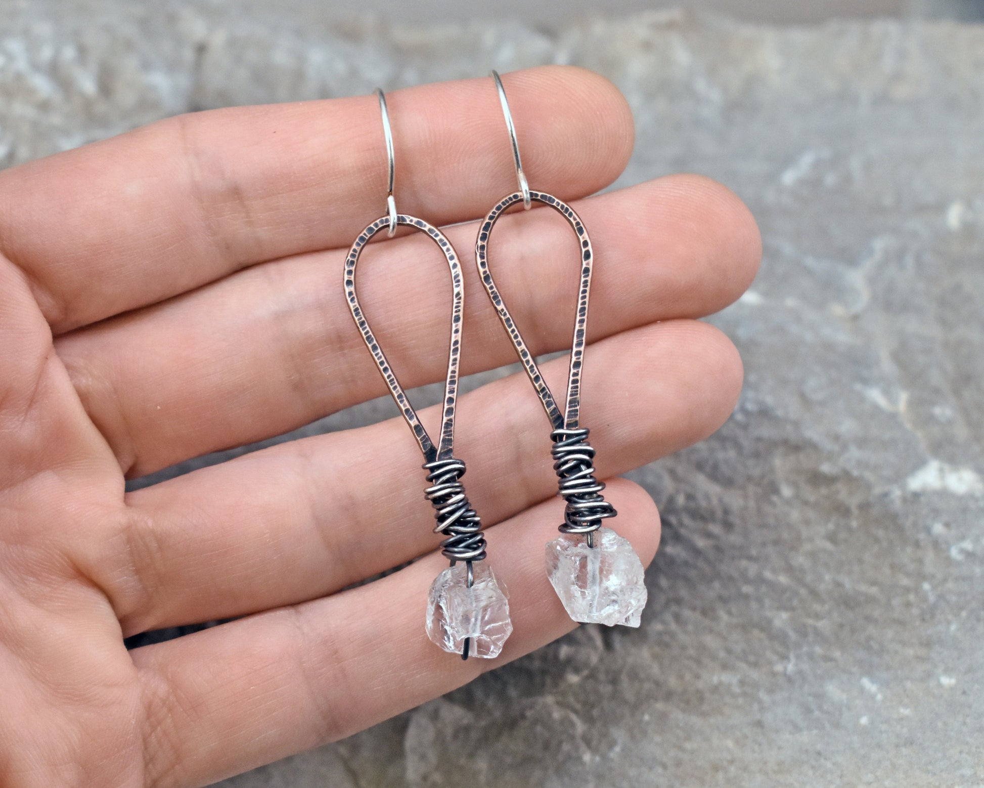 Raw Quartz Crystal Earrings, Rough Stone Mixed Metal Dangles, Rustic Copper Gemstone Jewelry, Sterling Silver Ear Wires