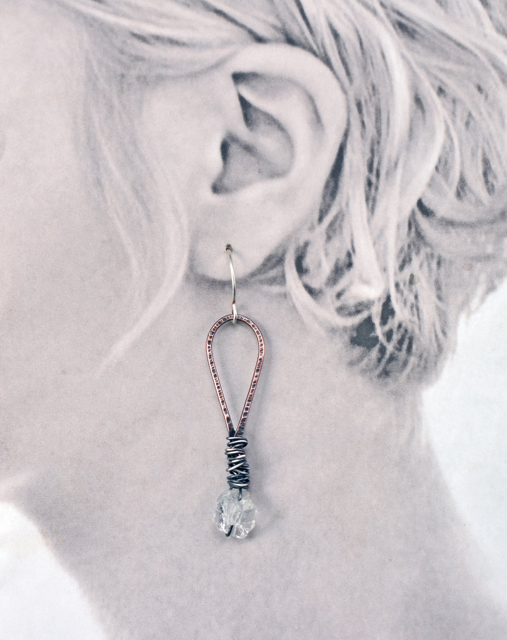 Raw Quartz Crystal Earrings, Rough Stone Mixed Metal Dangles, Rustic Copper Gemstone Jewelry, Sterling Silver Ear Wires