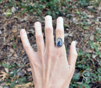 Dark Blue Sapphire Ring Sterling Silver, Size 8, Rustic Silversmith Jewelry, Unique Teardrop Faceted Gemstone, Artisan Metalsmith