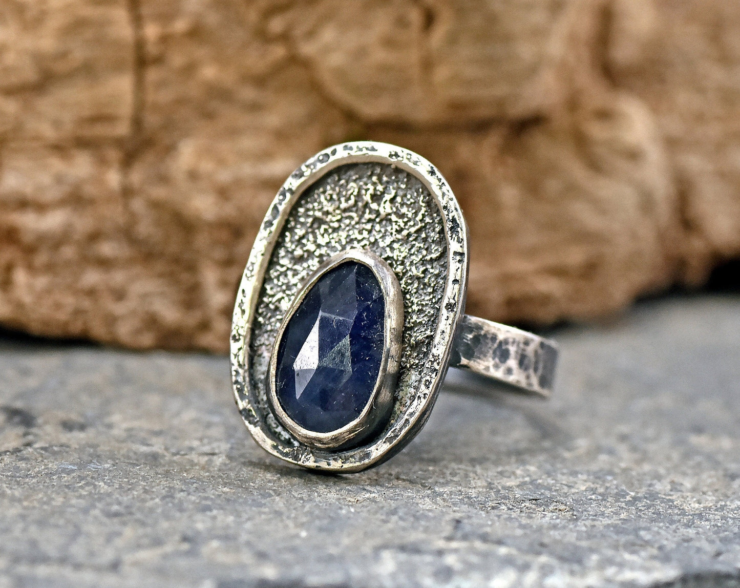 Dark Blue Sapphire Ring Sterling Silver, Size 8, Rustic Silversmith Jewelry, Unique Teardrop Faceted Gemstone, Artisan Metalsmith