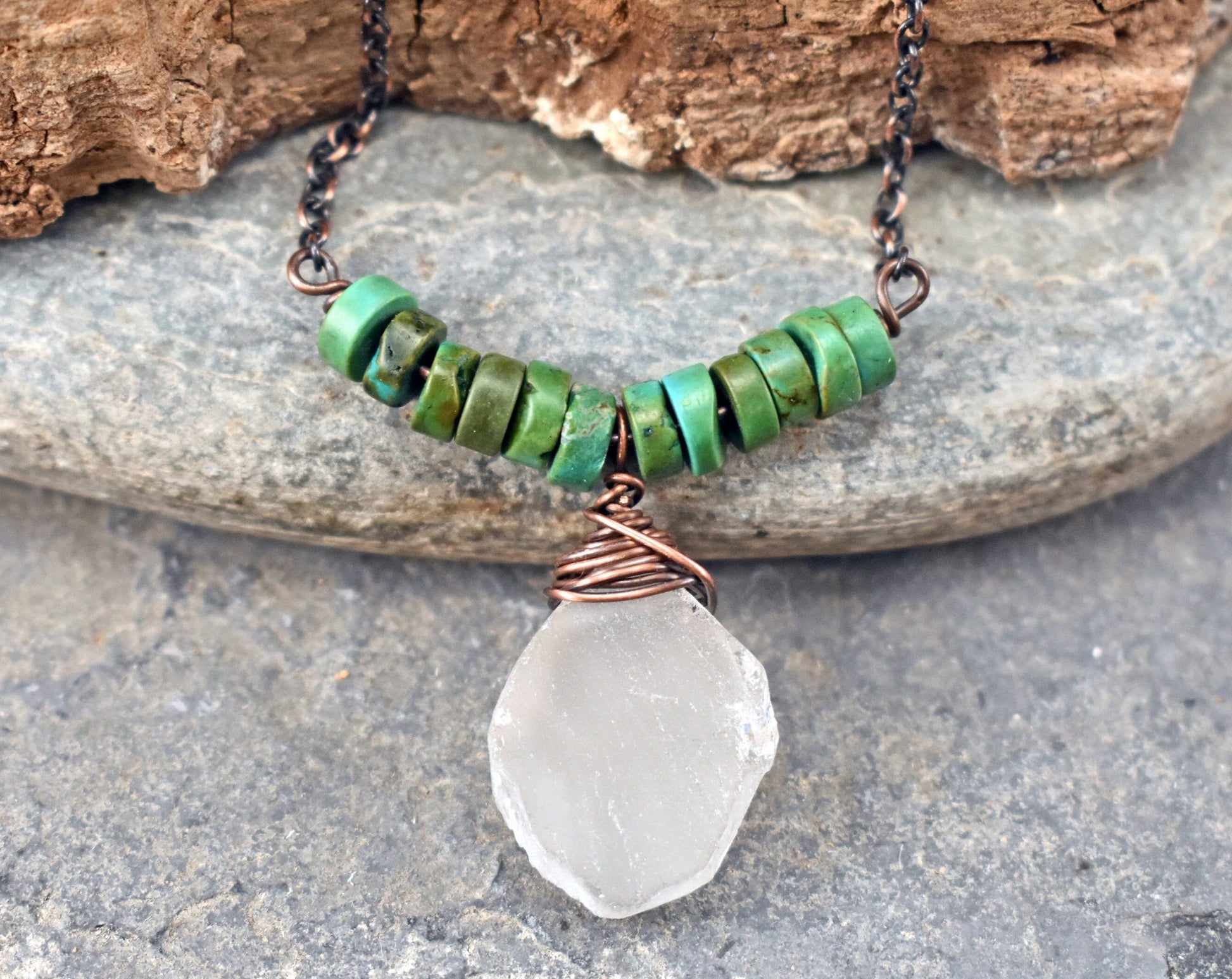 Raw Quartz Teardrop Necklace, Rustic Copper Green Turquoise Pendant, Natural Rough Stone Jewelry Handmade