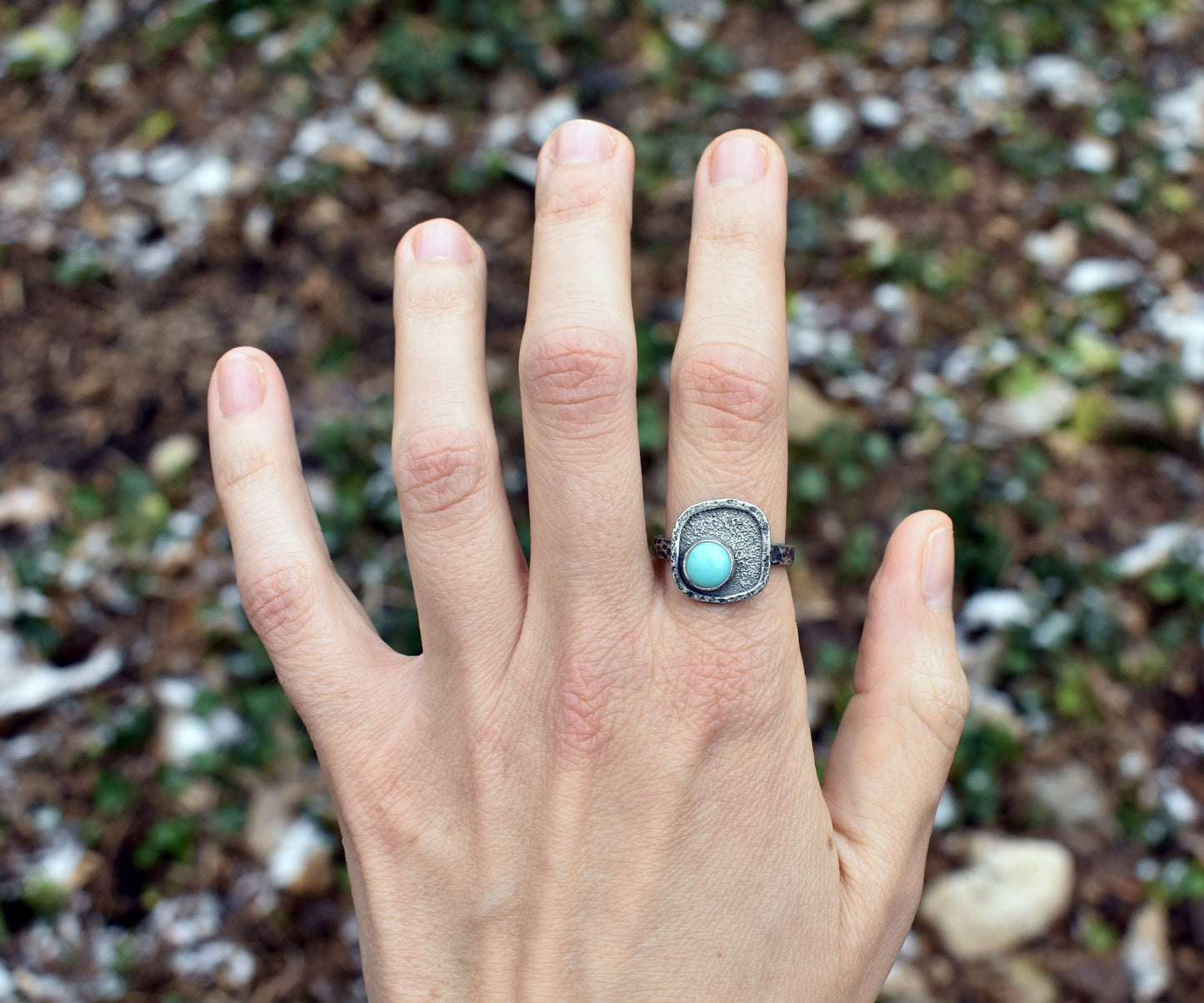 Turquoise Sterling Silver Ring Size 8.5, Artisan Silversmith Jewelry Handmade, Organic Unique Rustic Blue Gemstone