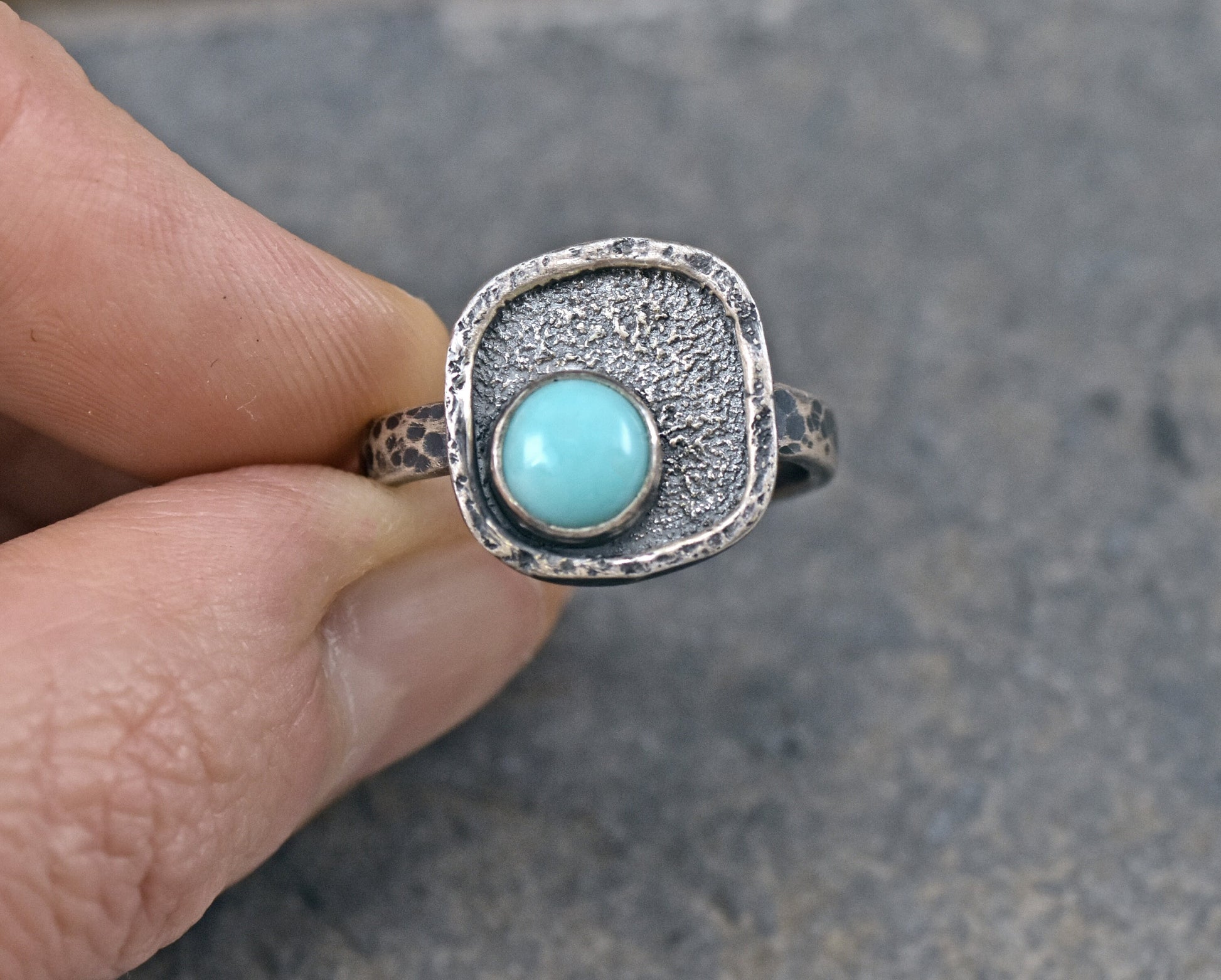 Turquoise Sterling Silver Ring Size 8.5, Artisan Silversmith Jewelry Handmade, Organic Unique Rustic Blue Gemstone