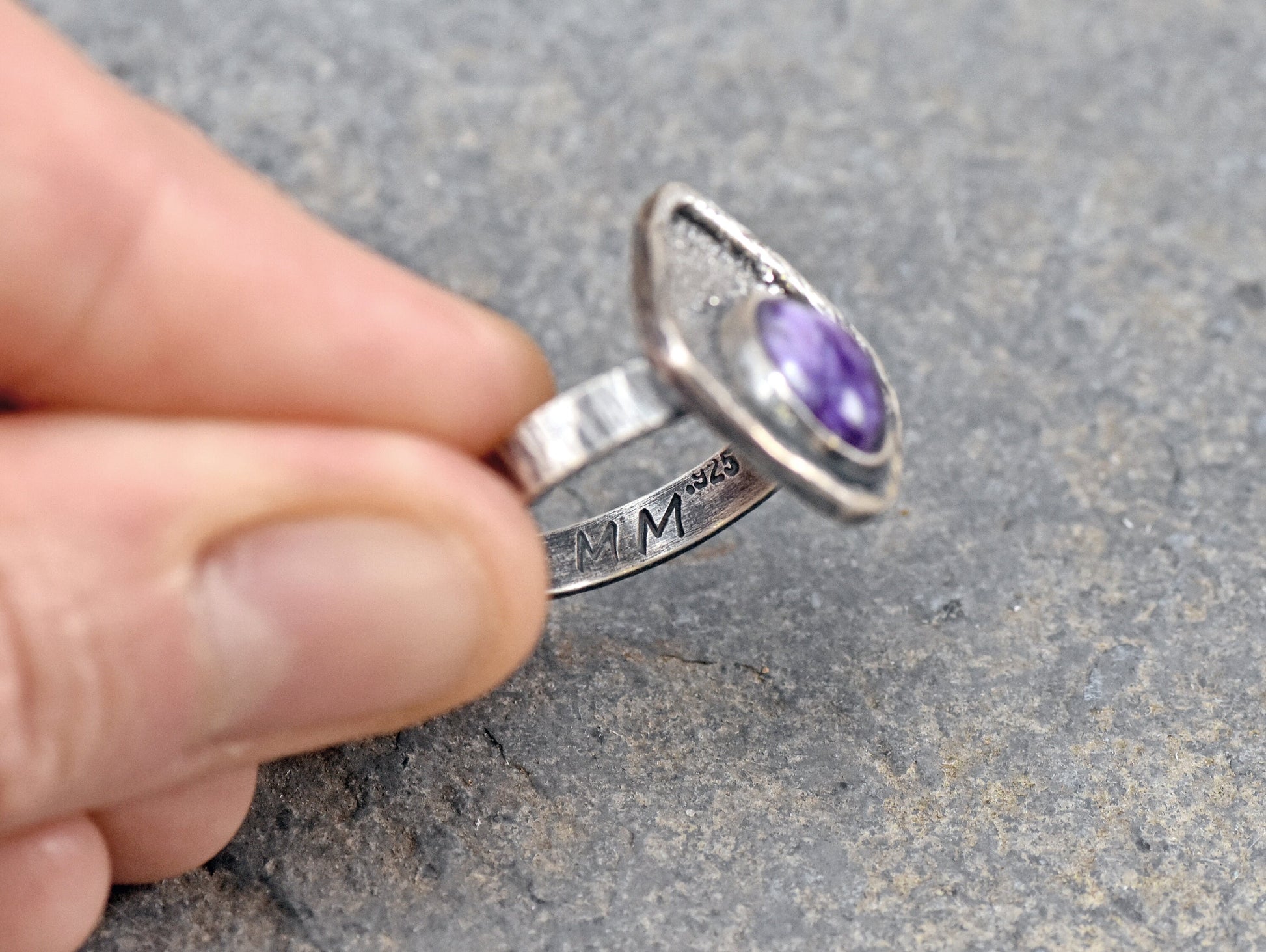 Charoite Ring Size 7, Sterling Silver Unique Purple Gemstone Jewelry, Rustic Texture Artisan Handmade