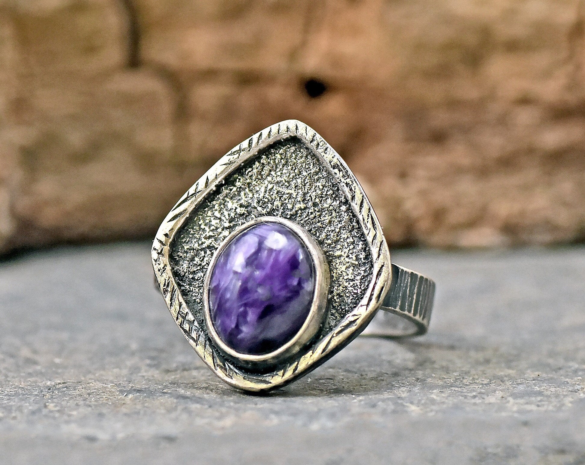Charoite Ring Size 7, Sterling Silver Unique Purple Gemstone Jewelry, Rustic Texture Artisan Handmade