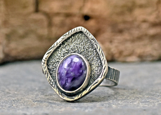 Charoite Ring Size 7, Sterling Silver Unique Purple Gemstone Jewelry, Rustic Texture Artisan Handmade