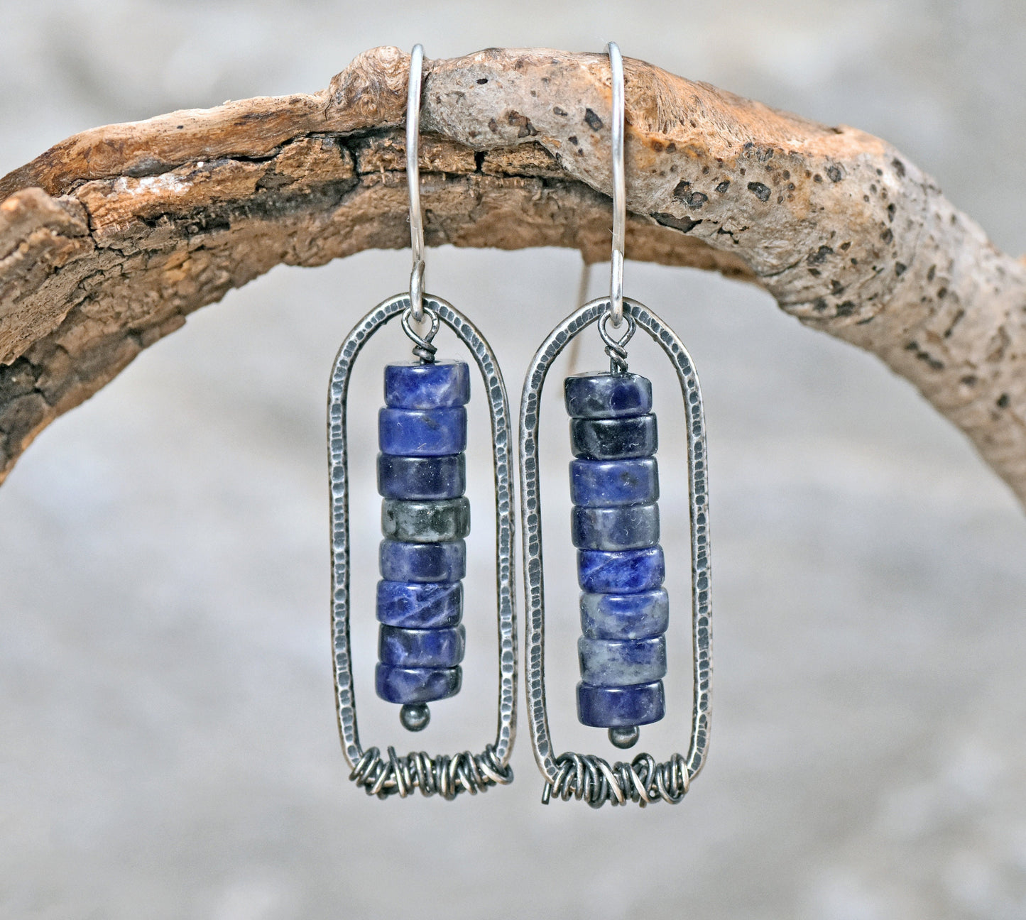 Sodalite Sterling Silver Earrings, Rustic Rectangle Dangles, Natural Dark Blue Gemstone Wire Jewelry