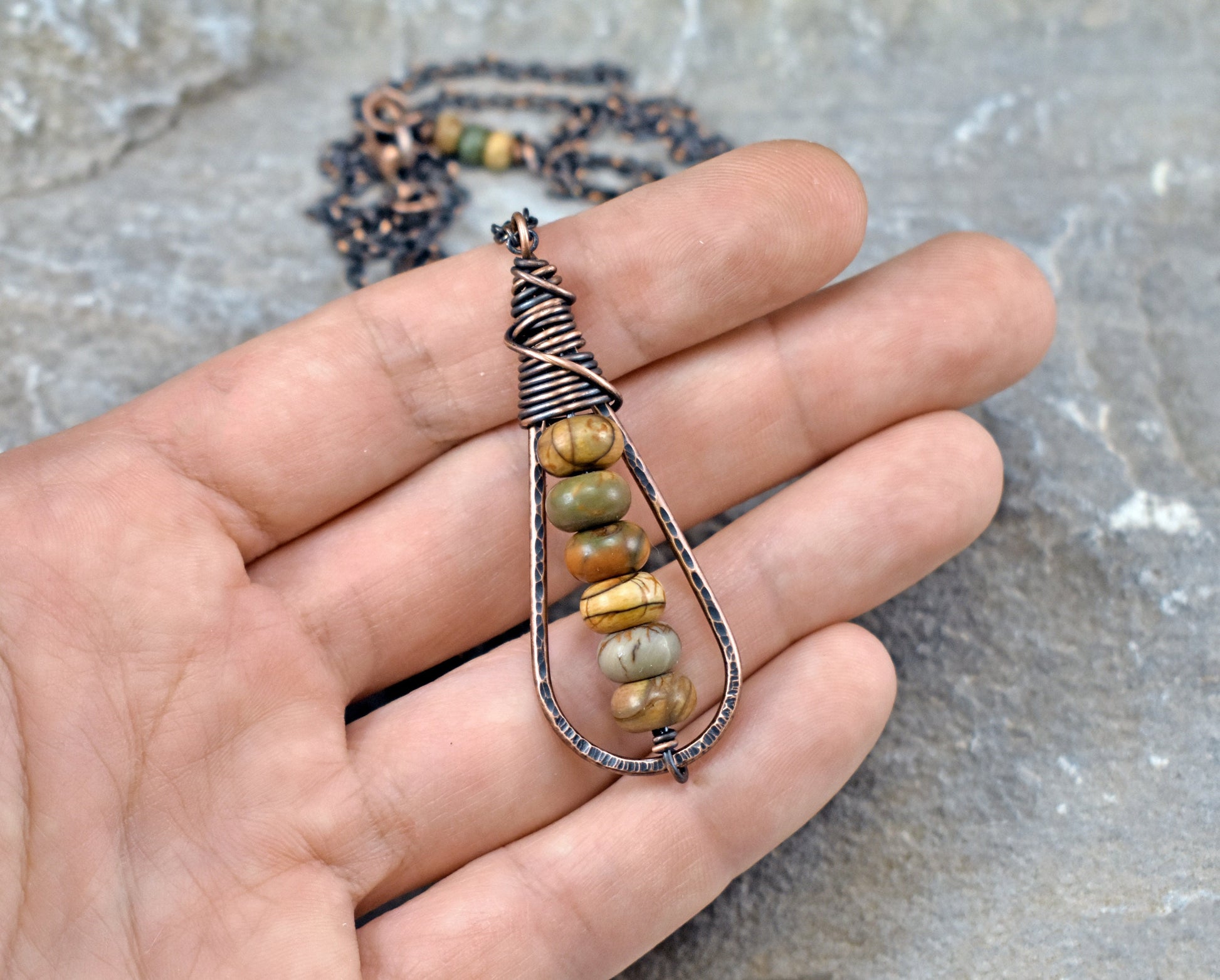 Long Red Creek Jasper Necklace, Hammered Copper Wire Pendant, Rustic Earthy Stone Jewelry, Picasso Jasper, Cherry Creek