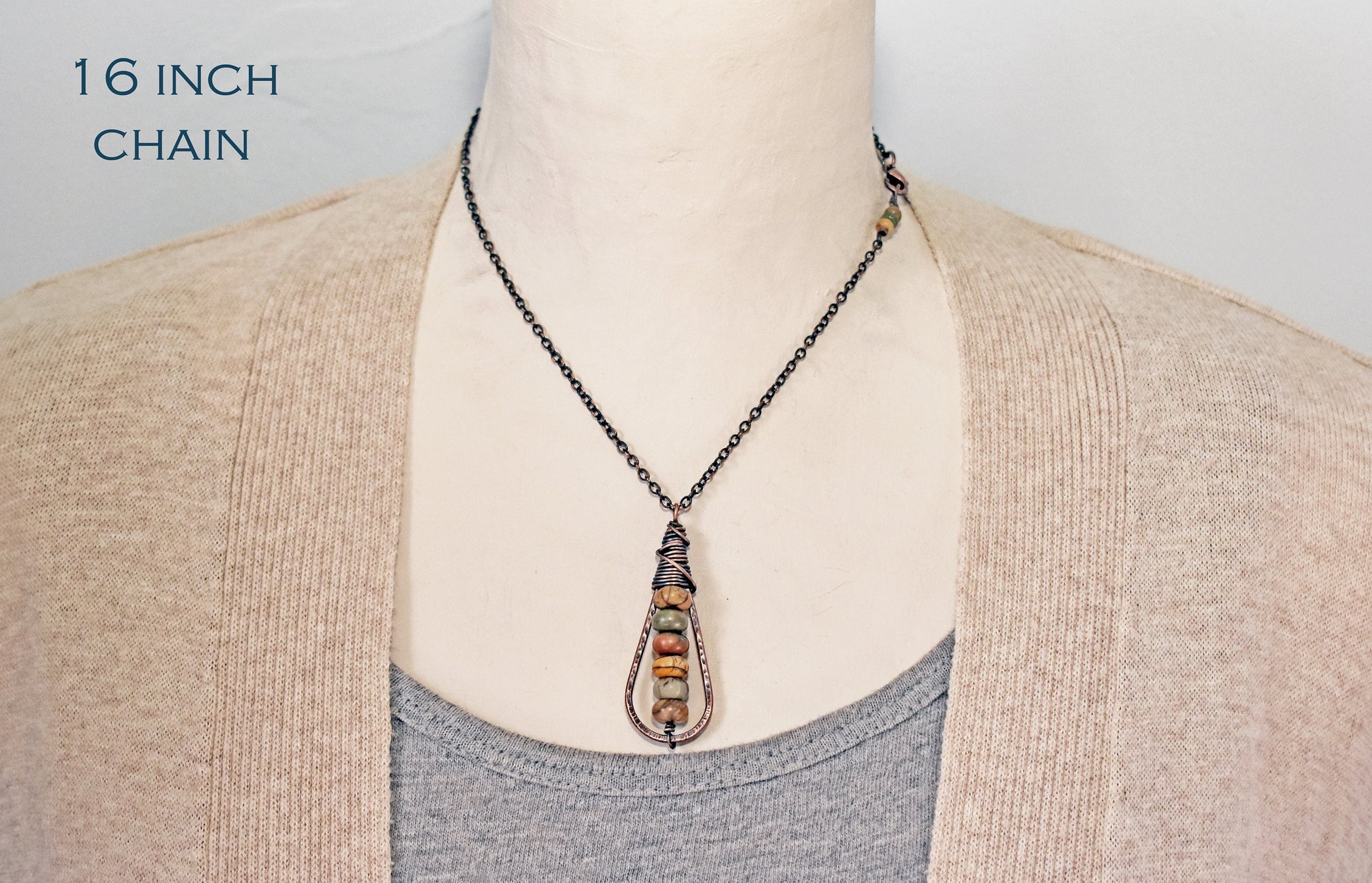 Long Red Creek Jasper Necklace, Hammered Copper Wire Pendant, Rustic Earthy Stone Jewelry, Picasso Jasper, Cherry Creek