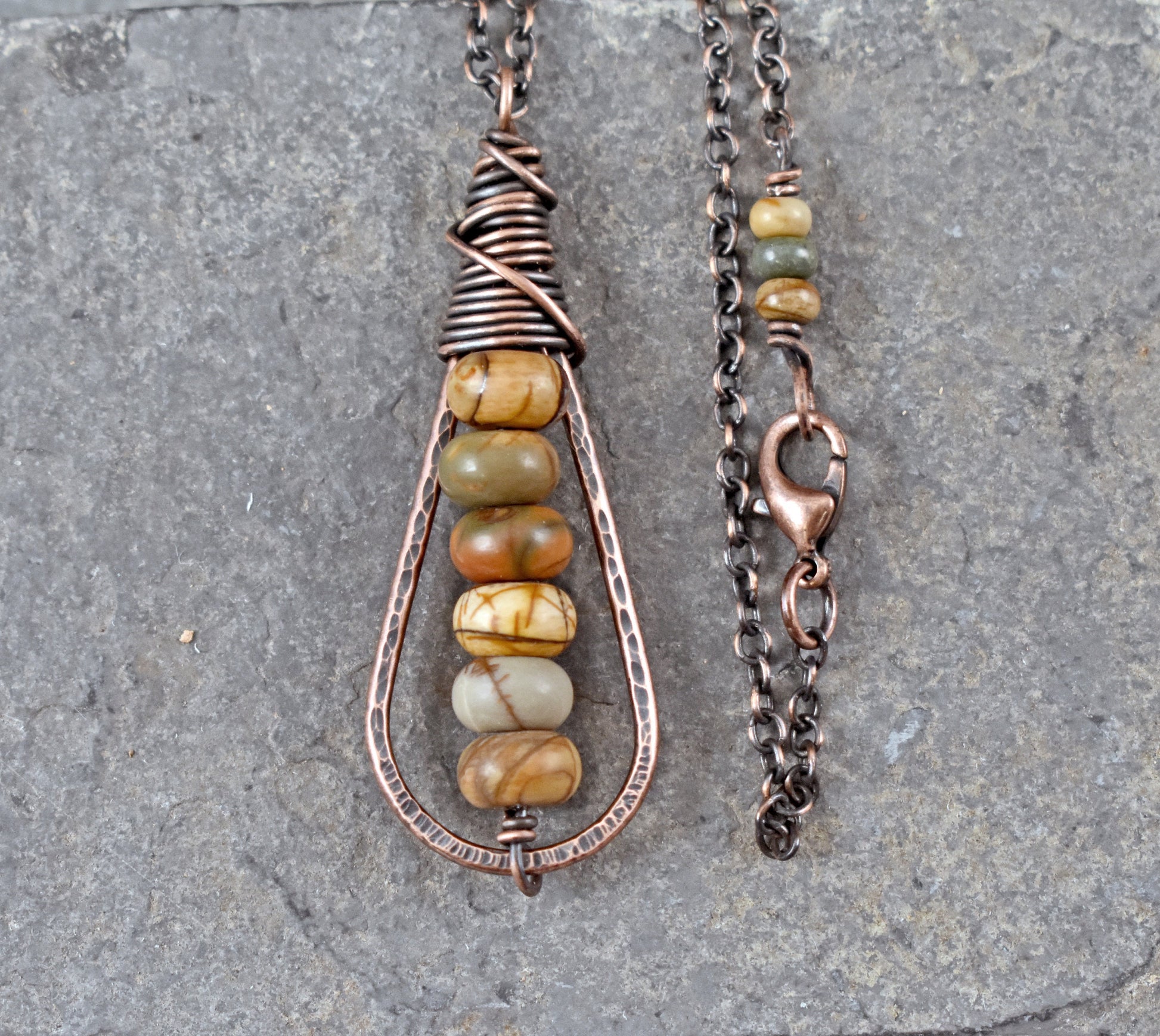 Long Red Creek Jasper Necklace, Hammered Copper Wire Pendant, Rustic Earthy Stone Jewelry, Picasso Jasper, Cherry Creek