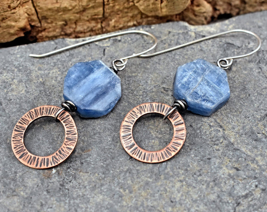 Kyanite Hexagon Earrings Handmade, Rustic Copper Washer Jewelry, Blue Circle Dangles, Mixed Metal, Sterling Silver Wire