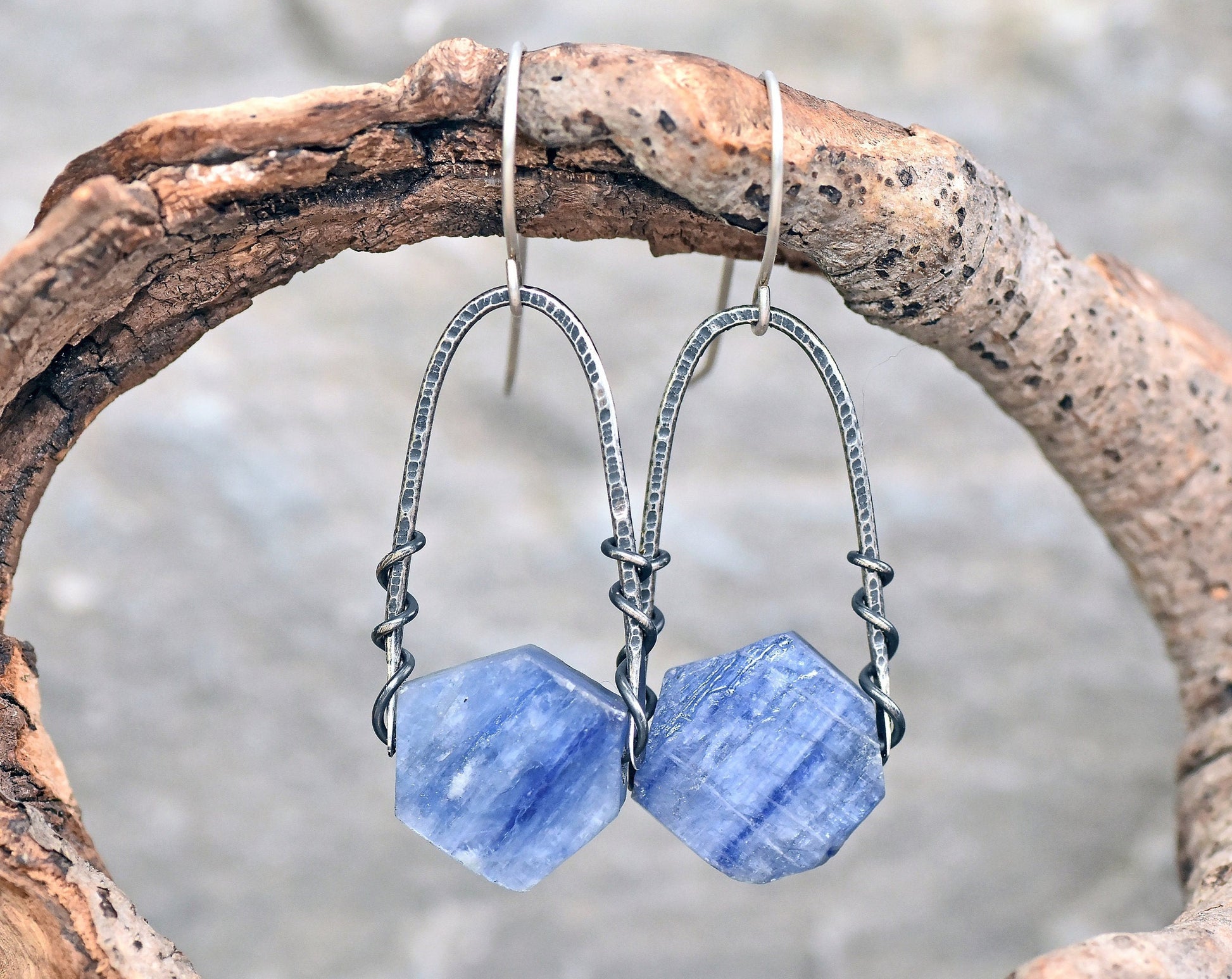 Kyanite Hexagon Earrings Sterling Silver, Long Light Blue Gemstone Dangles, Rustic Wire Jewelry, Artisan Unique Stone