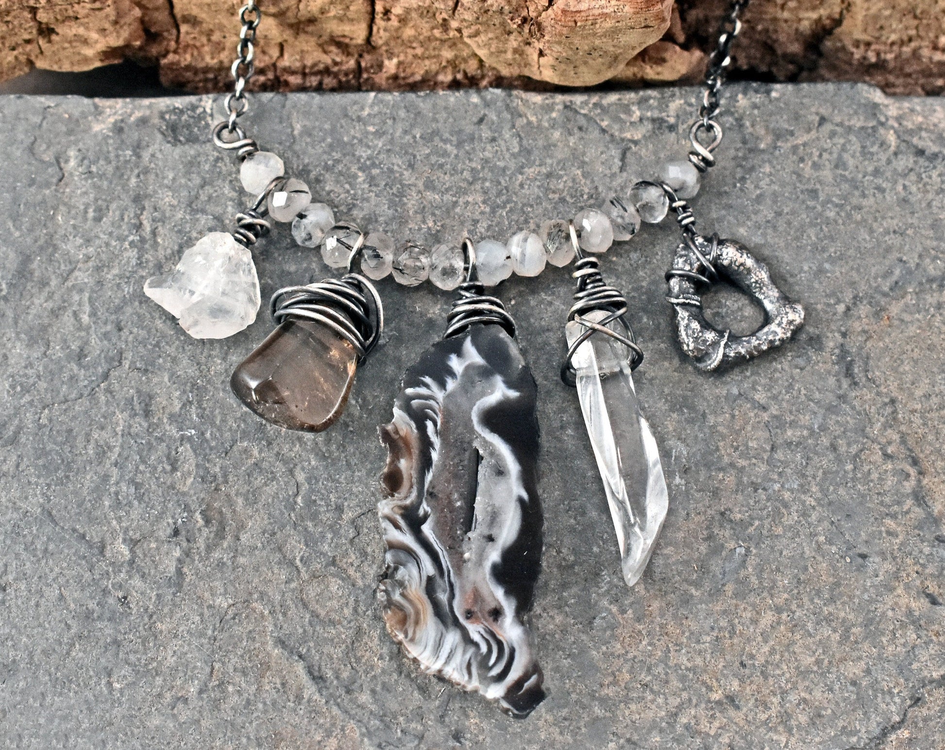 Oco Agate Sterling Silver Necklace, Quartz Crystal Point Pendant, Unique One of a Kind Rustic Mixed Gemstone Jewelry, Oxidized Wire Wrap
