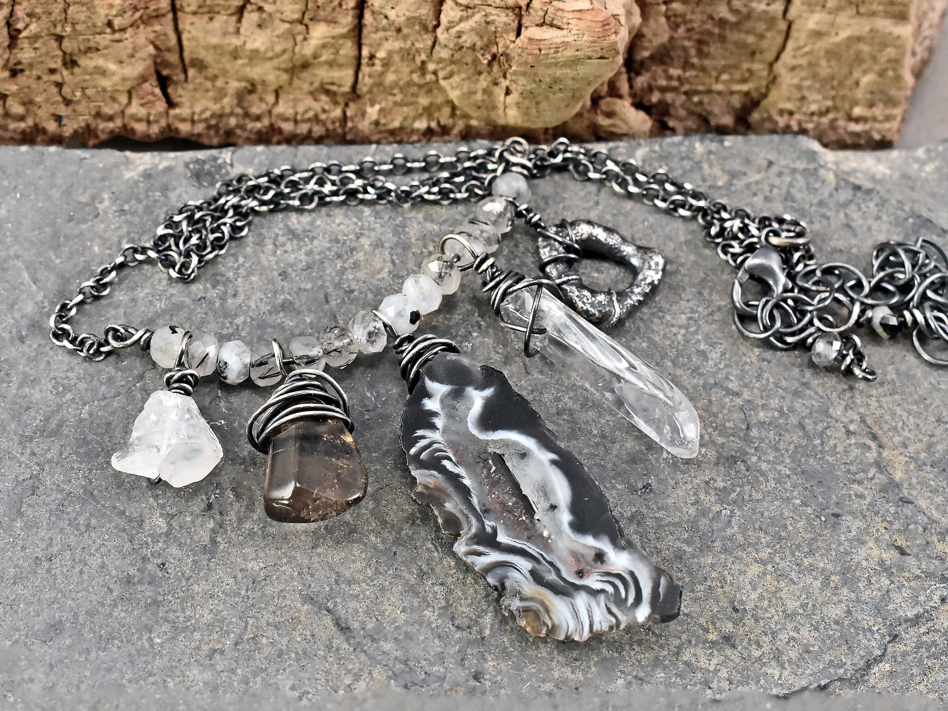 Oco Agate Sterling Silver Necklace, Quartz Crystal Point Pendant, Unique One of a Kind Rustic Mixed Gemstone Jewelry, Oxidized Wire Wrap
