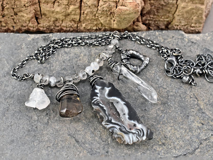 Oco Agate Sterling Silver Necklace, Quartz Crystal Point Pendant, Unique One of a Kind Rustic Mixed Gemstone Jewelry, Oxidized Wire Wrap