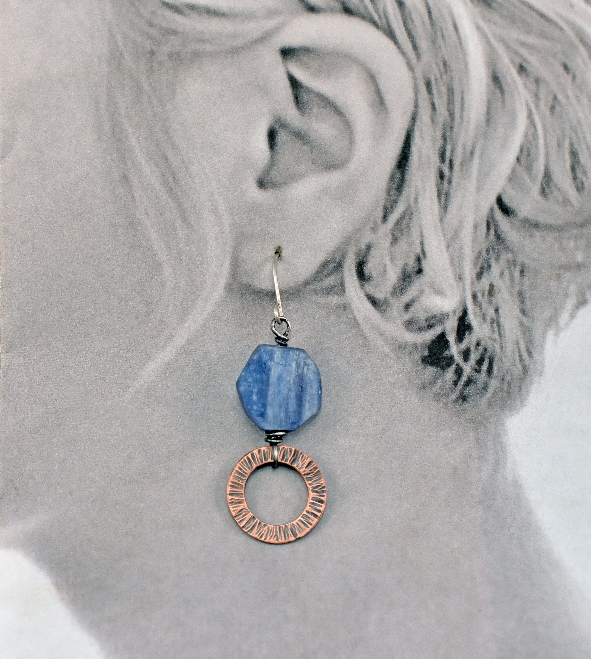 Kyanite Hexagon Earrings Handmade, Rustic Copper Washer Jewelry, Blue Circle Dangles, Mixed Metal, Sterling Silver Wire