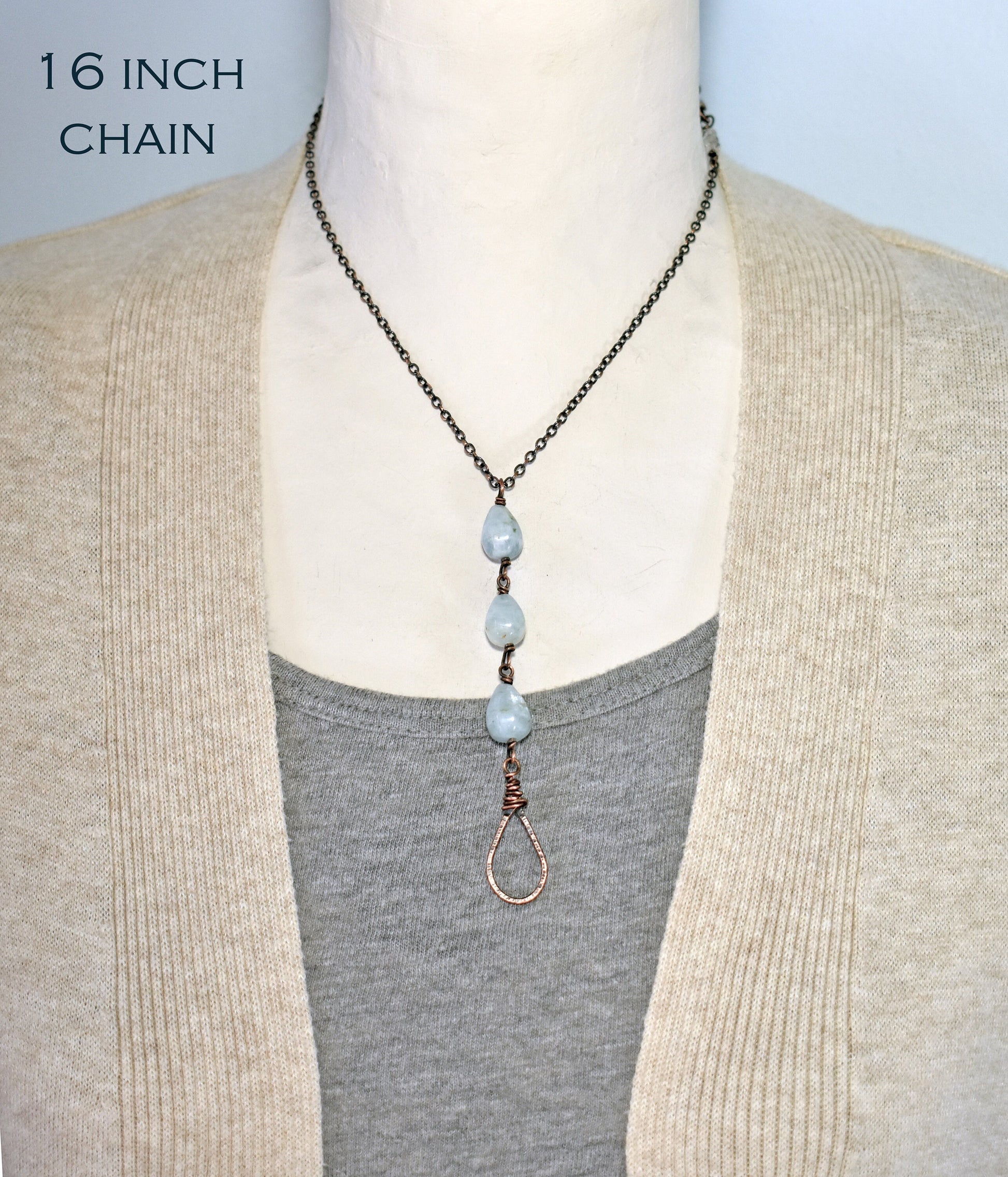 Aquamarine Teardrop Necklace, Copper Pale Blue Stone Pendant, Unique Natural Gemstone Jewelry Handmade