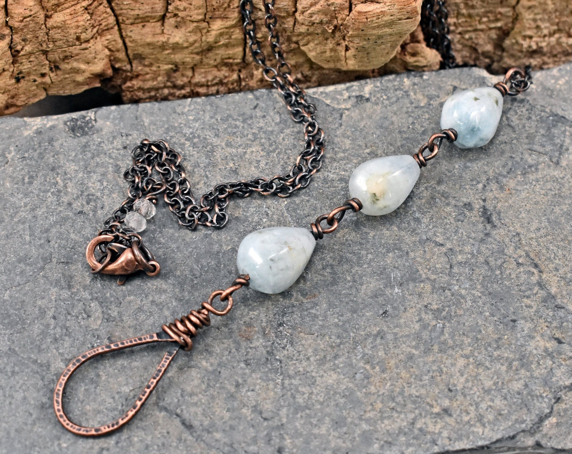 Aquamarine Teardrop Necklace, Copper Pale Blue Stone Pendant, Unique Natural Gemstone Jewelry Handmade