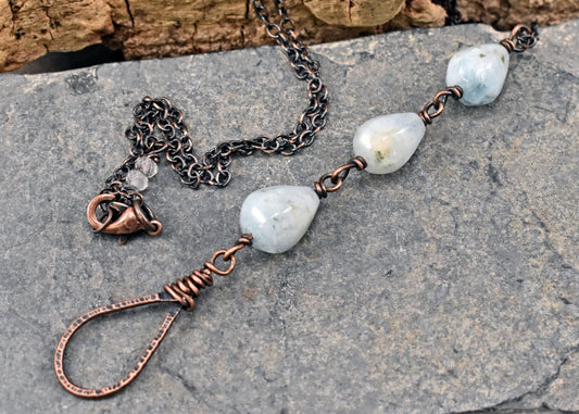 Aquamarine Teardrop Necklace, Copper Pale Blue Stone Pendant, Unique Natural Gemstone Jewelry Handmade