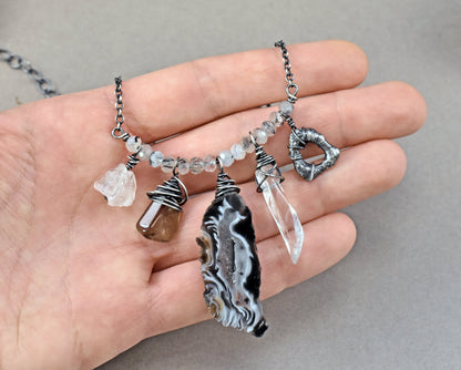 Oco Agate Sterling Silver Necklace, Quartz Crystal Point Pendant, Unique One of a Kind Rustic Mixed Gemstone Jewelry, Oxidized Wire Wrap