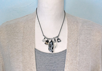 Oco Agate Sterling Silver Necklace, Quartz Crystal Point Pendant, Unique One of a Kind Rustic Mixed Gemstone Jewelry, Oxidized Wire Wrap