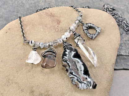 Oco Agate Sterling Silver Necklace, Quartz Crystal Point Pendant, Unique One of a Kind Rustic Mixed Gemstone Jewelry, Oxidized Wire Wrap