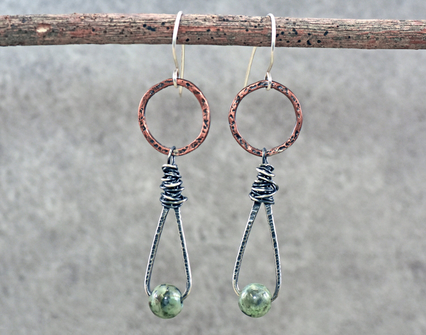 African Turquoise Jasper Earrings, Unique Mixed Metal Dangles, Light Green Gemstone Jewelry, Copper and Sterling Silver