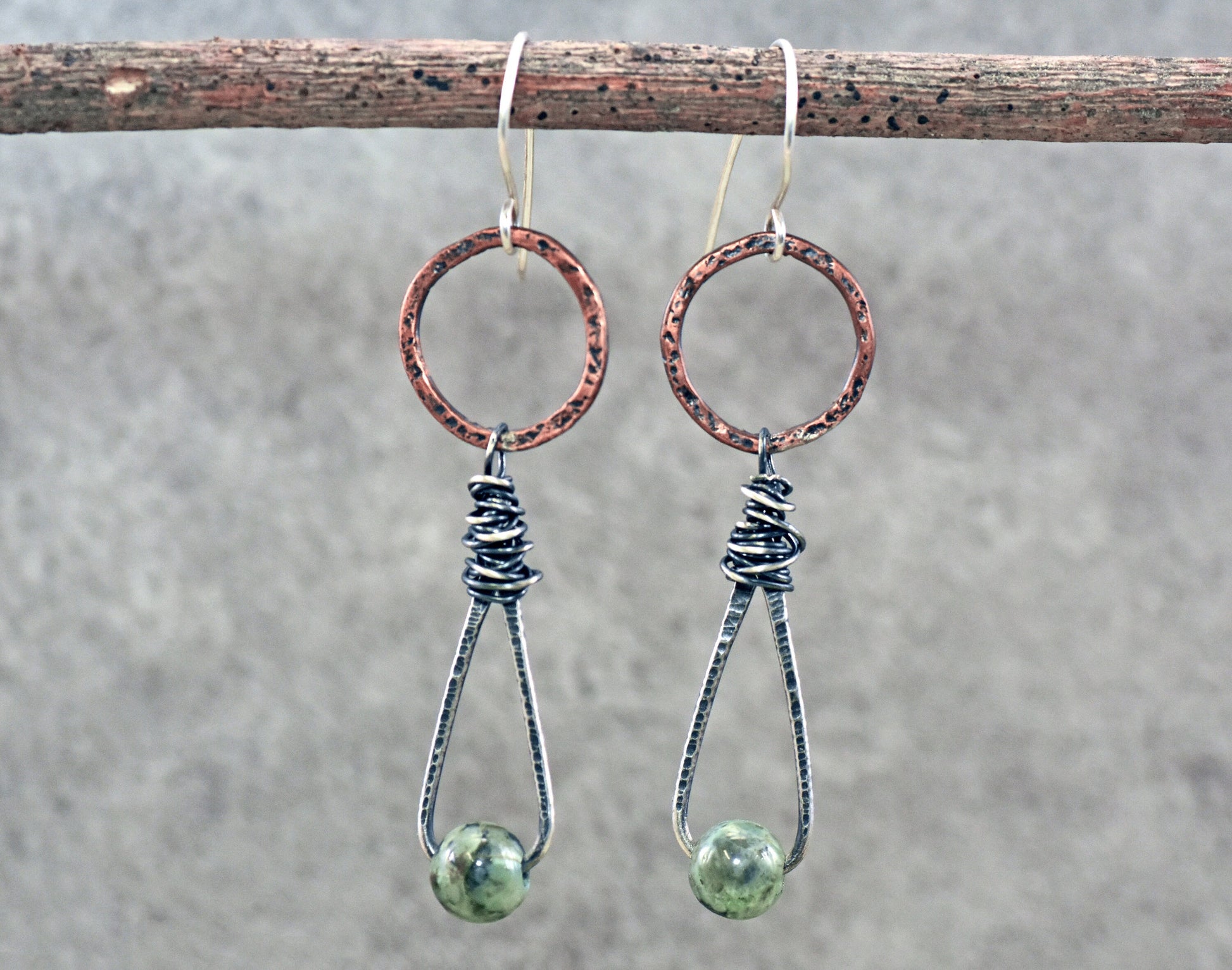 African Turquoise Jasper Earrings, Unique Mixed Metal Dangles, Light Green Gemstone Jewelry, Copper and Sterling Silver