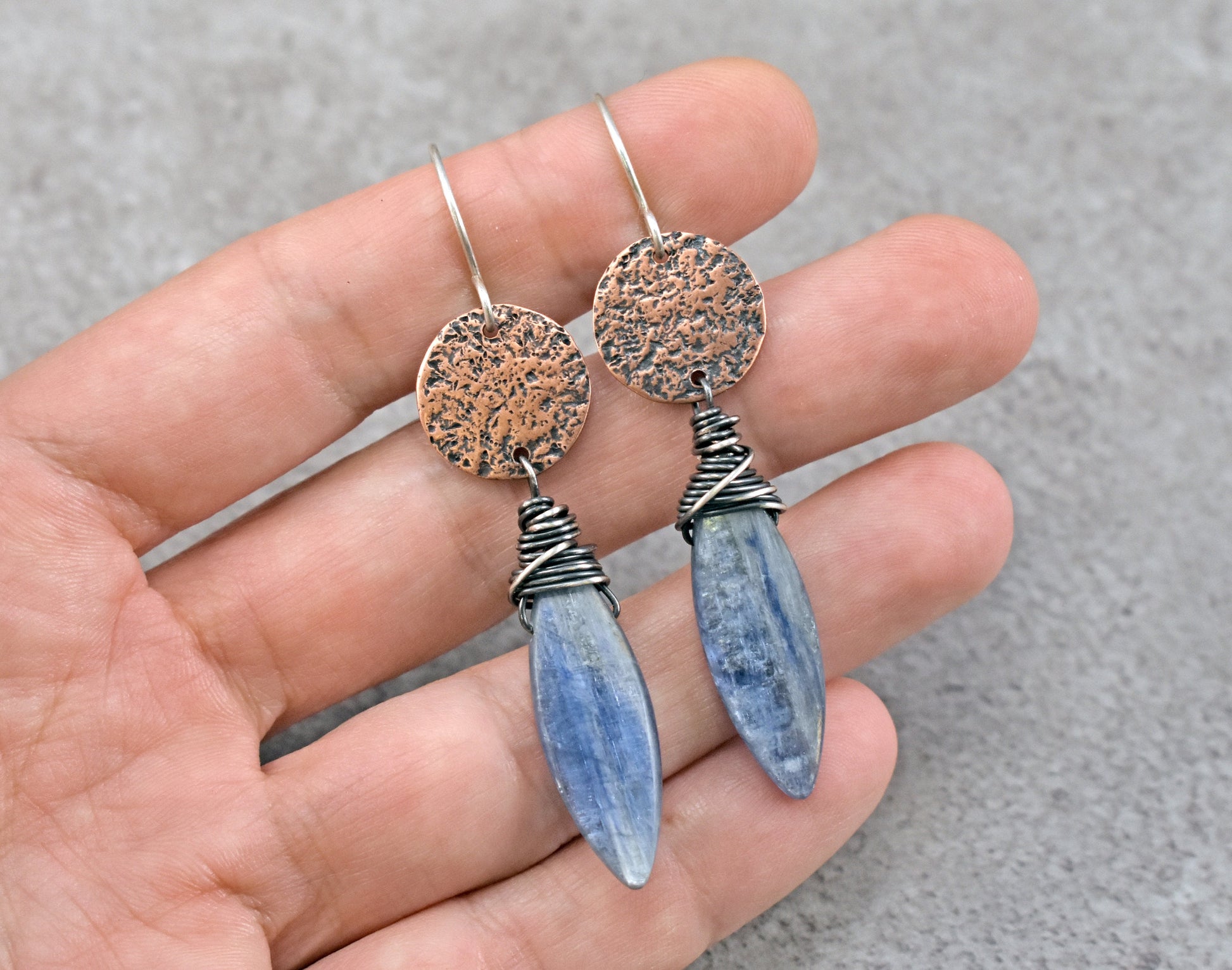 Blue Kyanite Earrings Handmade, Rustic Mixed Metal Jewelry, Copper Circle Dangles, Sterling Silver Wire
