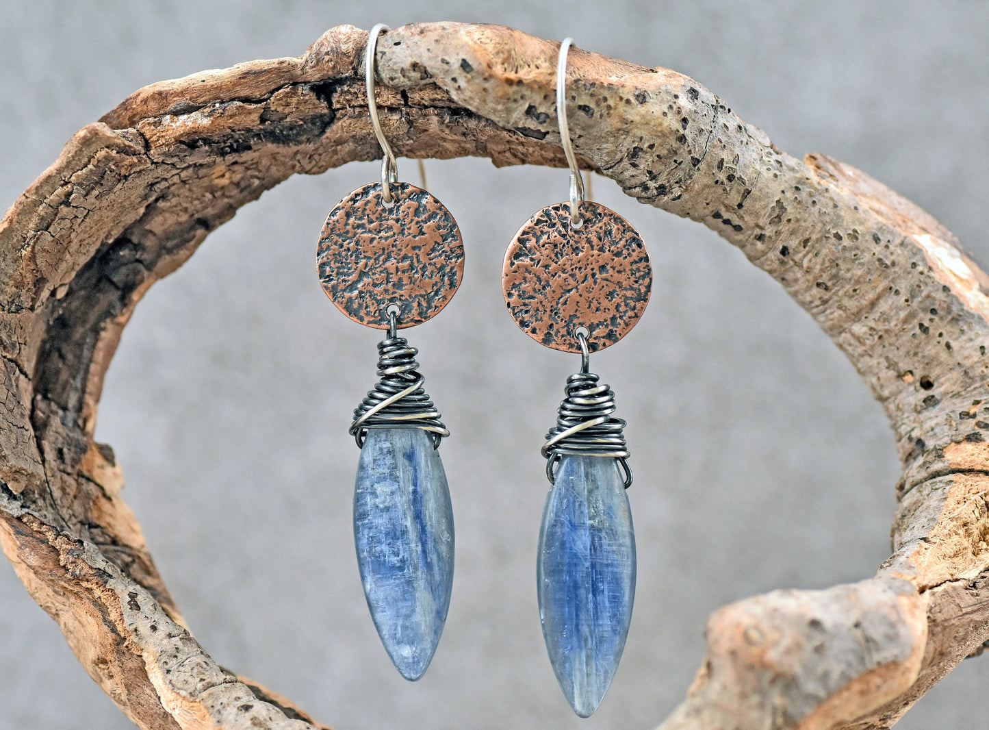 Blue Kyanite Earrings Handmade, Rustic Mixed Metal Jewelry, Copper Circle Dangles, Sterling Silver Wire