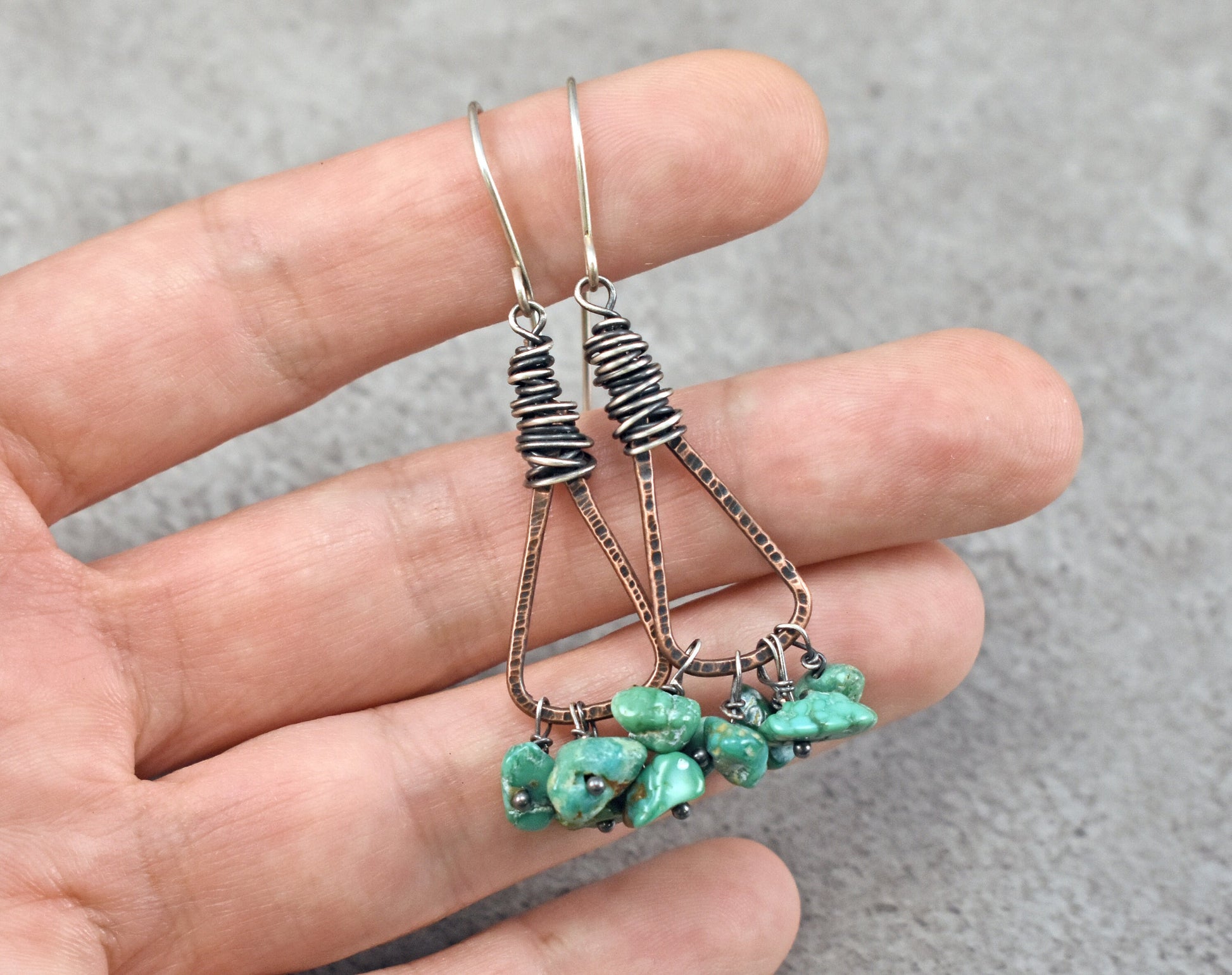 Green Turquoise Boho Triangle Earrings, Rustic Mixed Metal Jewelry Handmade, Unique Copper Sterling Silver Dangles