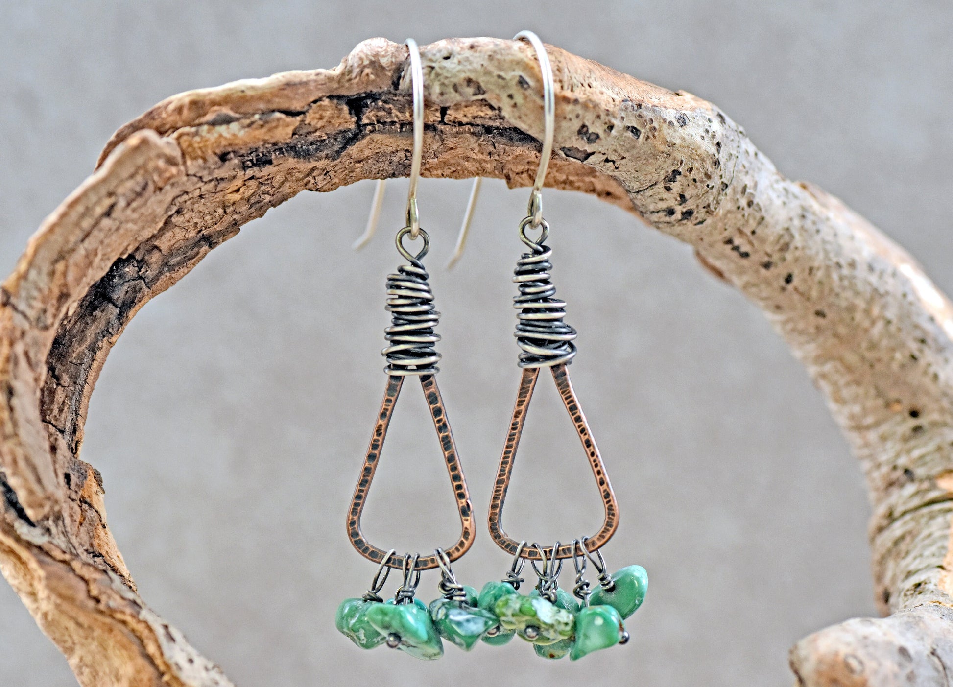 Green Turquoise Boho Triangle Earrings, Rustic Mixed Metal Jewelry Handmade, Unique Copper Sterling Silver Dangles