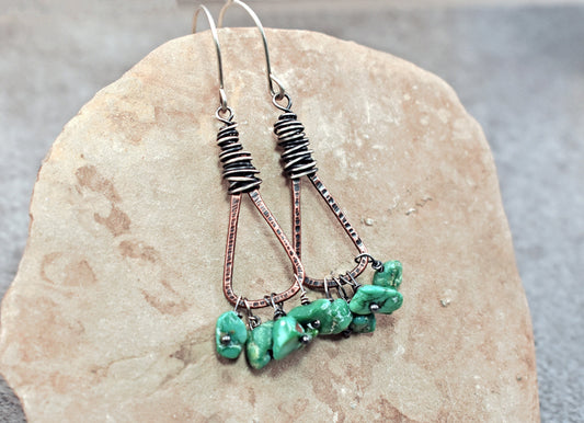Green Turquoise Boho Triangle Earrings, Rustic Mixed Metal Jewelry Handmade, Unique Copper Sterling Silver Dangles