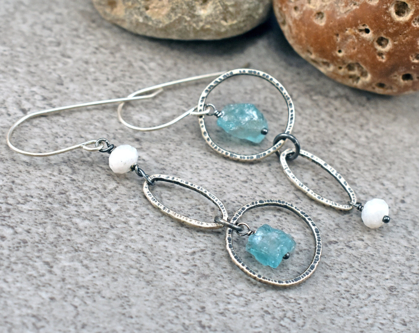 Raw Apatite Asymmetrical Earrings, Rustic Moonstone Sterling Silver Circle Dangles, Natural Rough Blue Stone Jewelry, Artisan Unique
