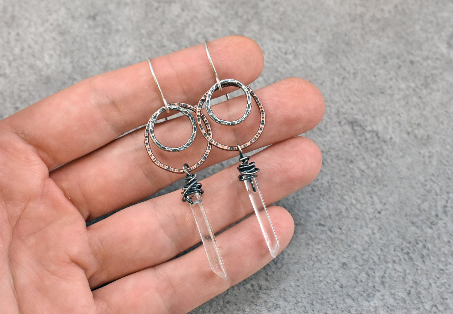 Quartz Crystal Point Earrings, Rustic Copper Circle Dangles, Mixed Metal Jewelry, Natural Raw Stone, Sterling Silver