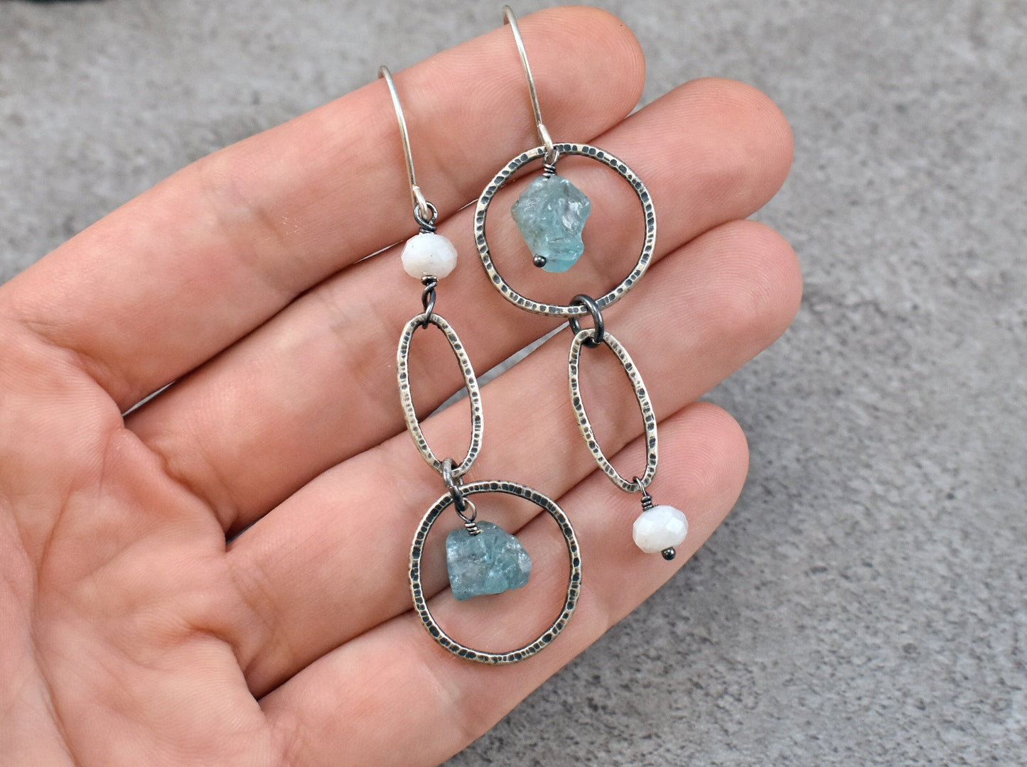Raw Apatite Asymmetrical Earrings, Rustic Moonstone Sterling Silver Circle Dangles, Natural Rough Blue Stone Jewelry, Artisan Unique