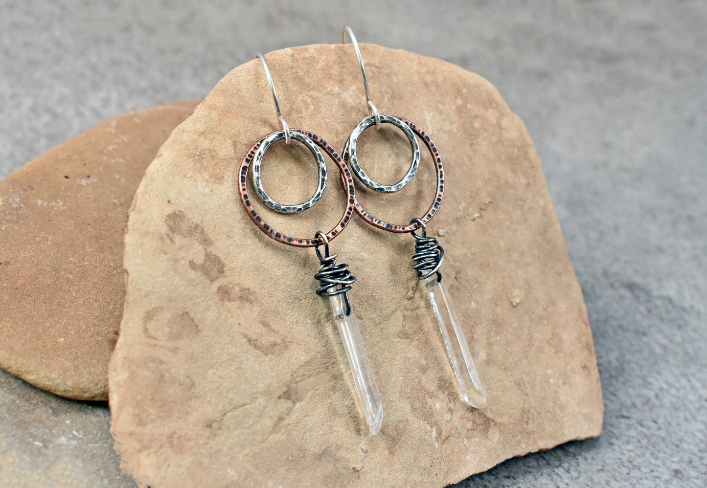 Quartz Crystal Point Earrings, Rustic Copper Circle Dangles, Mixed Metal Jewelry, Natural Raw Stone, Sterling Silver