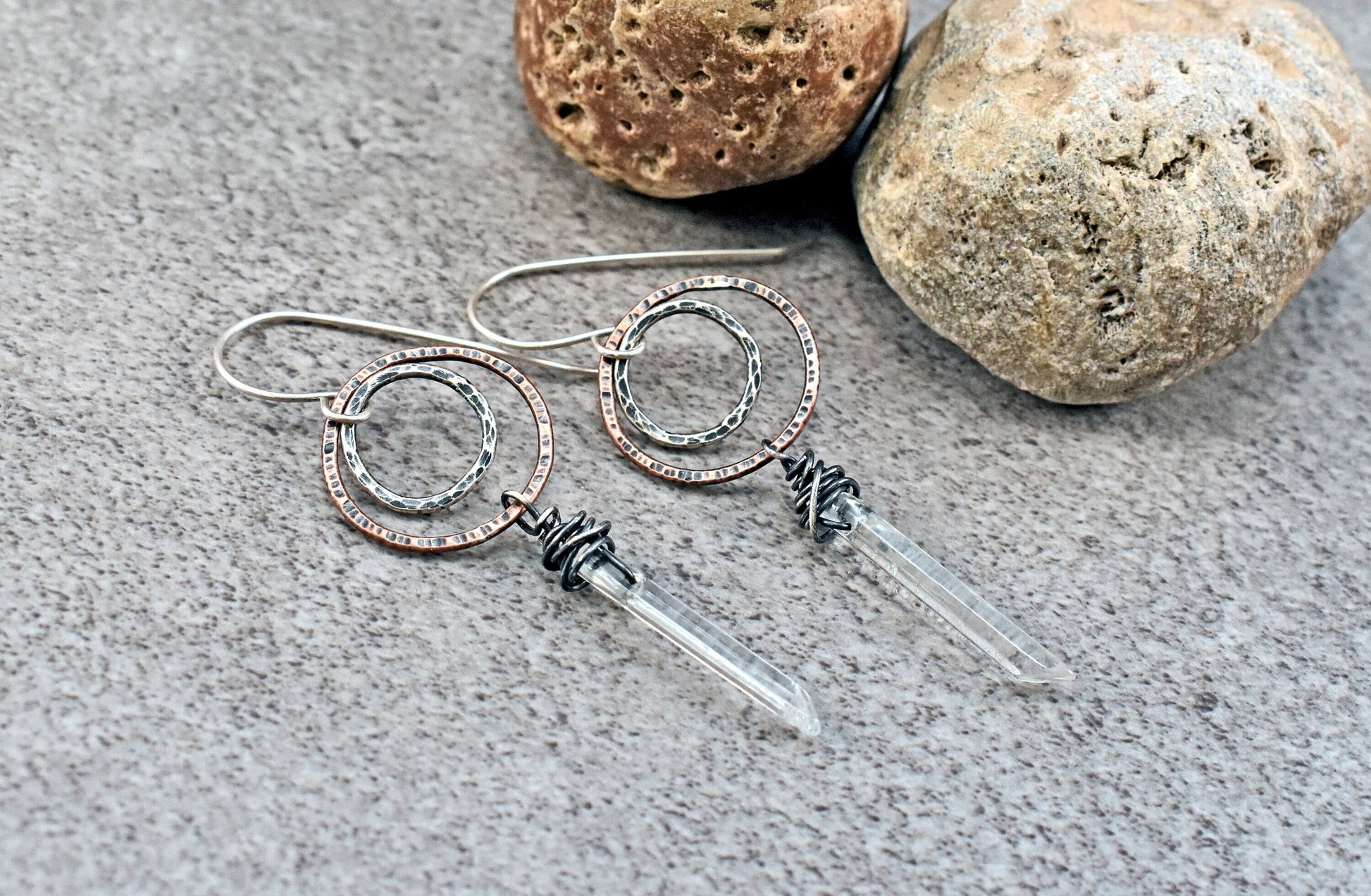 Quartz Crystal Point Earrings, Rustic Copper Circle Dangles, Mixed Metal Jewelry, Natural Raw Stone, Sterling Silver